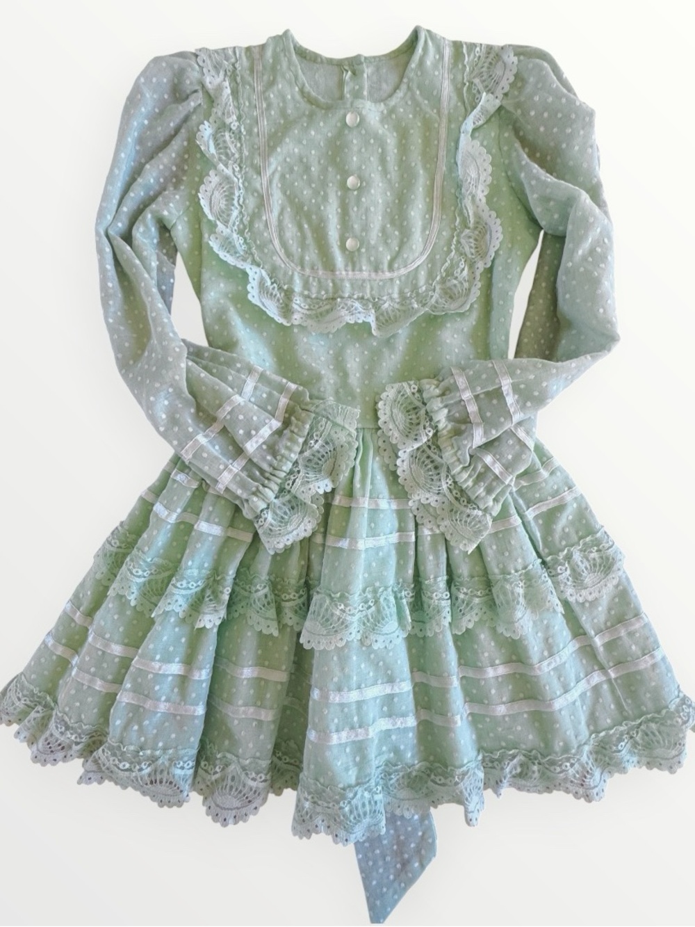 Vintage Handmade Girls Mint Swiss Dot Prairie Dress 1970s Lace Flower Girl Dress